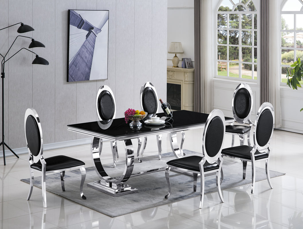 Modern Silver Table + 6 Chairs